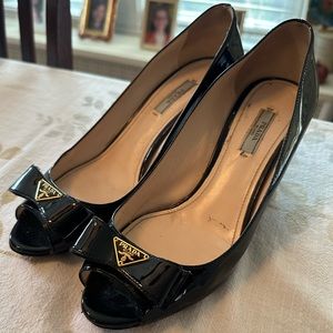 Prada black wedge pumps